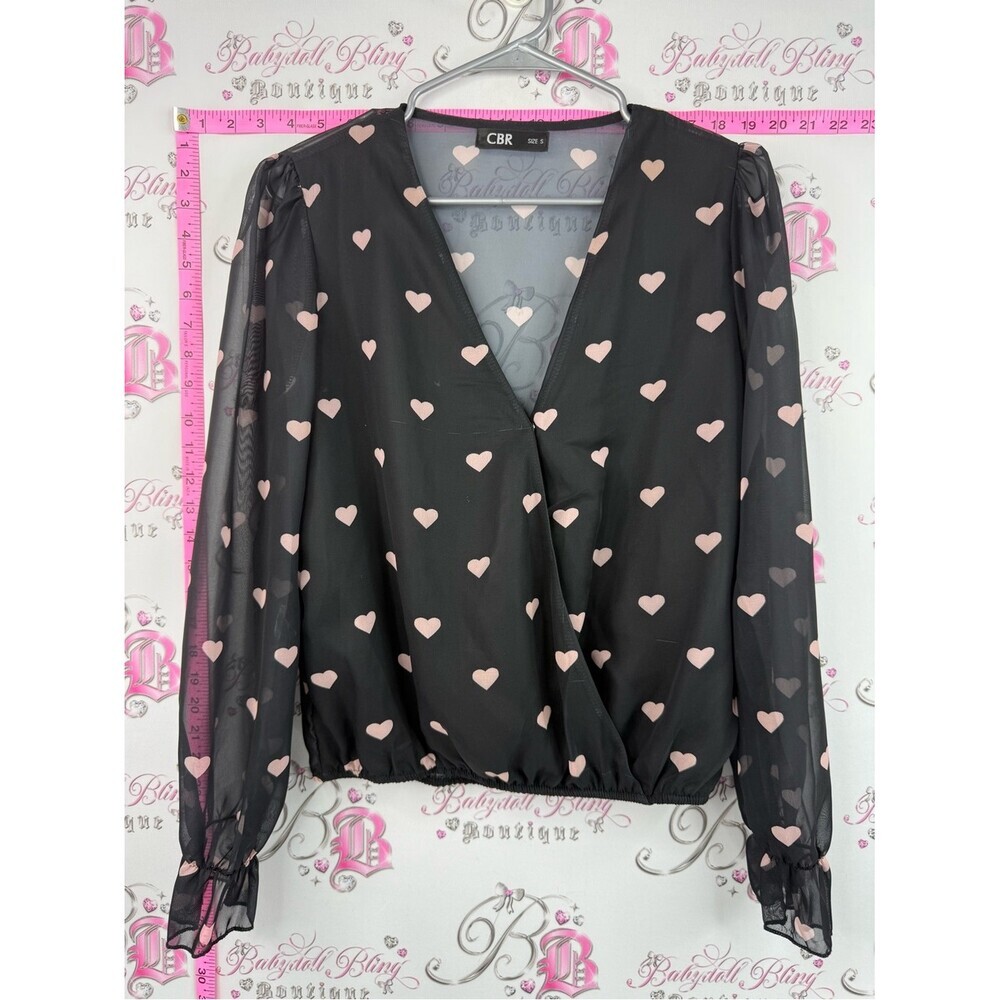CBR shirt top Black Long Sleeve Heart Print Wrap Blouse - Pink Hearts